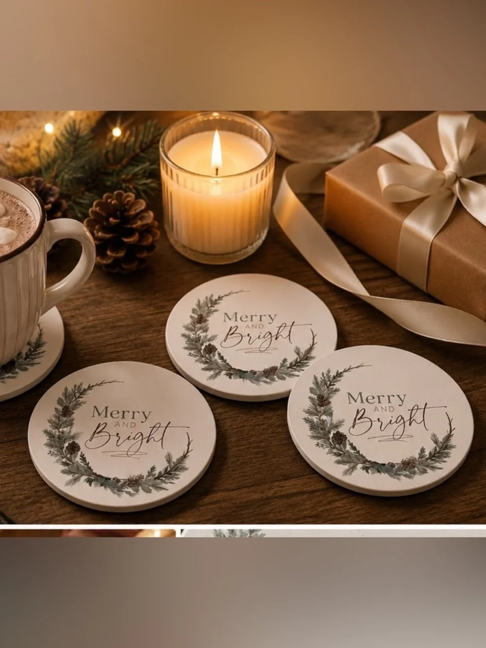 Merry & Bright Christmas Neutral Holiday Farmhouse Stone Coaster Set